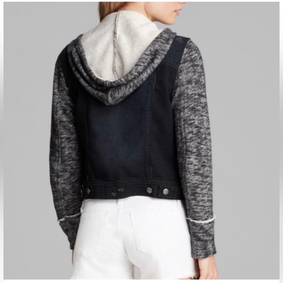 Free People Hooded Denim Knit Jacket Navy Black Gary Distressed L Mixed Media - Picture 2 of 13